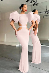 Black Shiny Mermaid Puff Sleeves Evening Dress Online