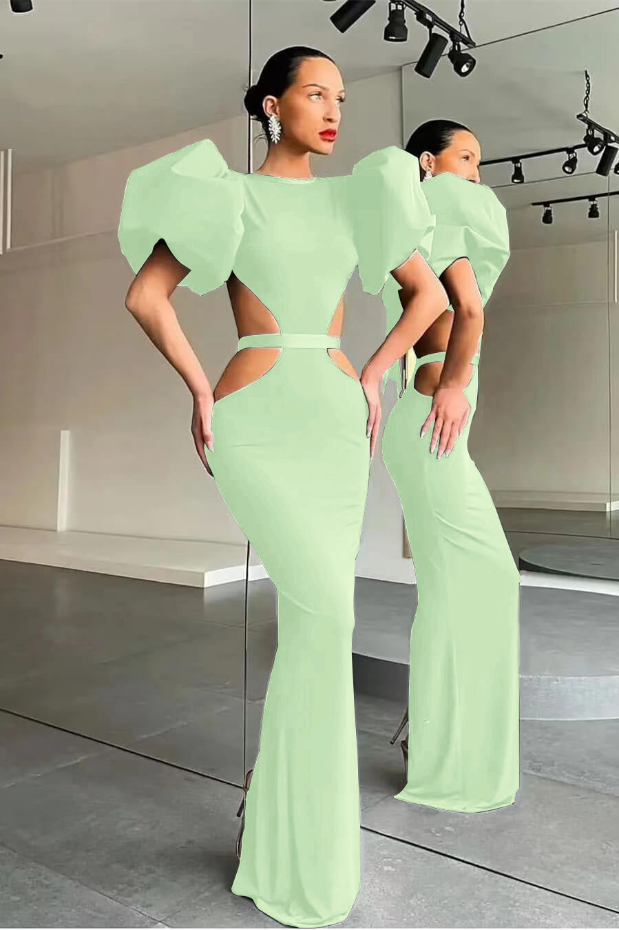 Black Shiny Mermaid Puff Sleeves Evening Dress Online