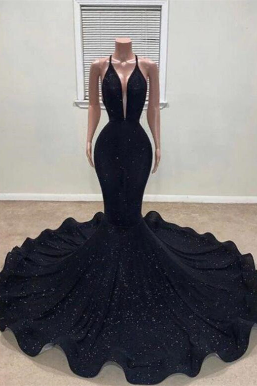 Deep V-Neck Halter Mermaid Long Prom Dress with Sequins