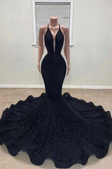 Deep V-Neck Halter Mermaid Long Prom Dress with Sequins