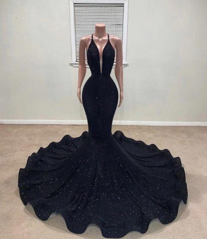 Deep V-Neck Halter Mermaid Long Prom Dress with Sequins
