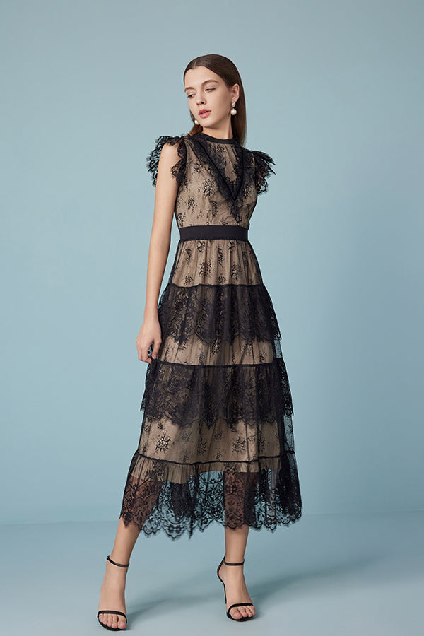 Babyonlines Black Sleeveless Lace Long Dresses with Sash