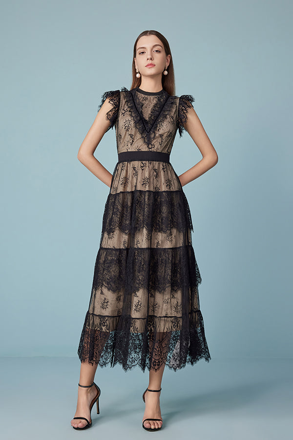 Babyonlines Black Sleeveless Lace Long Dresses with Sash