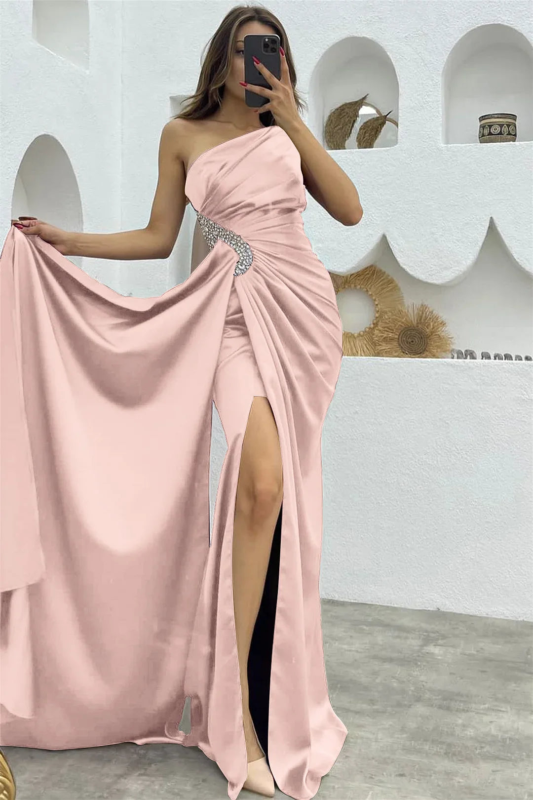 Black One Shoulder Long Prom Dress with Rhinestone, Split and Pleated