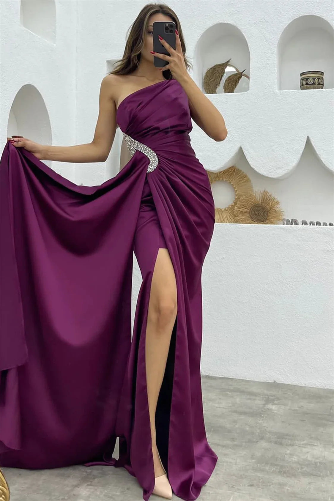 Black One Shoulder Long Prom Dress with Rhinestone, Split and Pleated