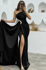 Black One Shoulder Long Prom Dress with Rhinestone, Split and Pleated