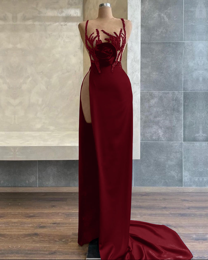 Black Spaghetti-Strap Mermaid Evening Dress with Beadings Sequins and Slit