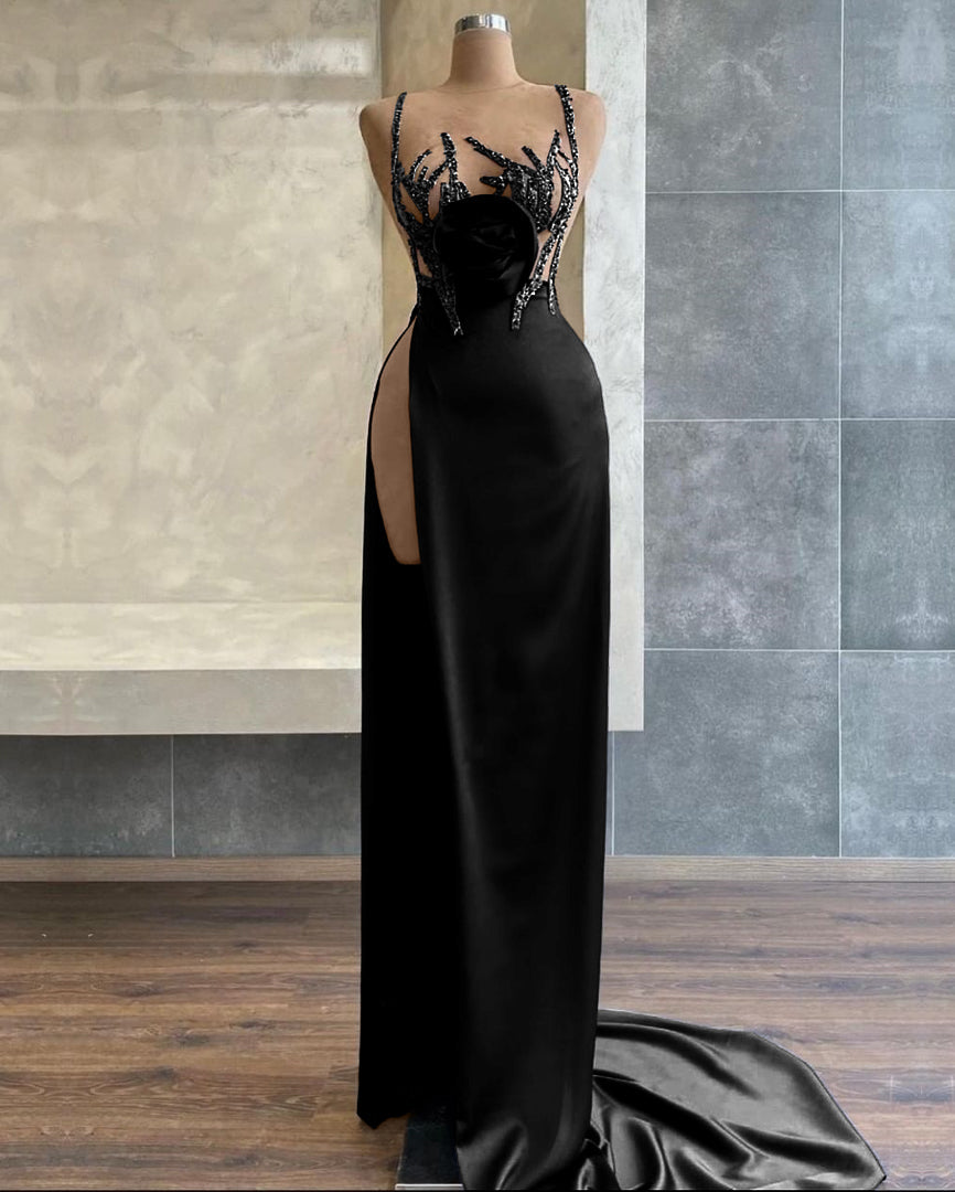 Black Spaghetti-Strap Mermaid Evening Dress with Beadings Sequins and Slit