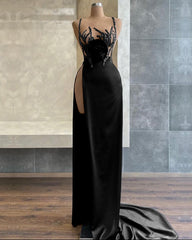 Black Spaghetti-Strap Mermaid Evening Dress with Beadings Sequins and Slit