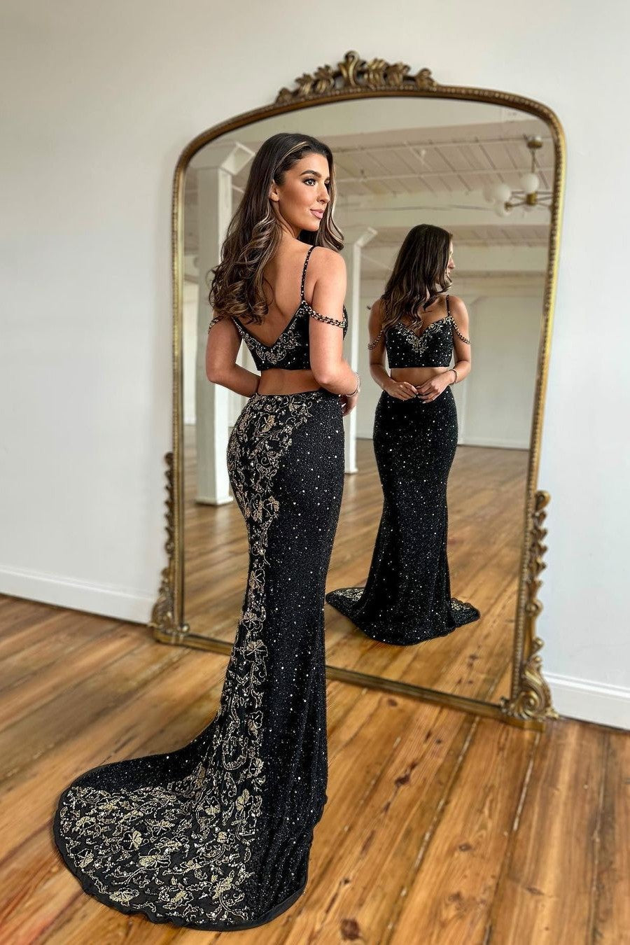 Black Spaghetti Strap Two Pieces Long Mermaid Prom Dress with Beads