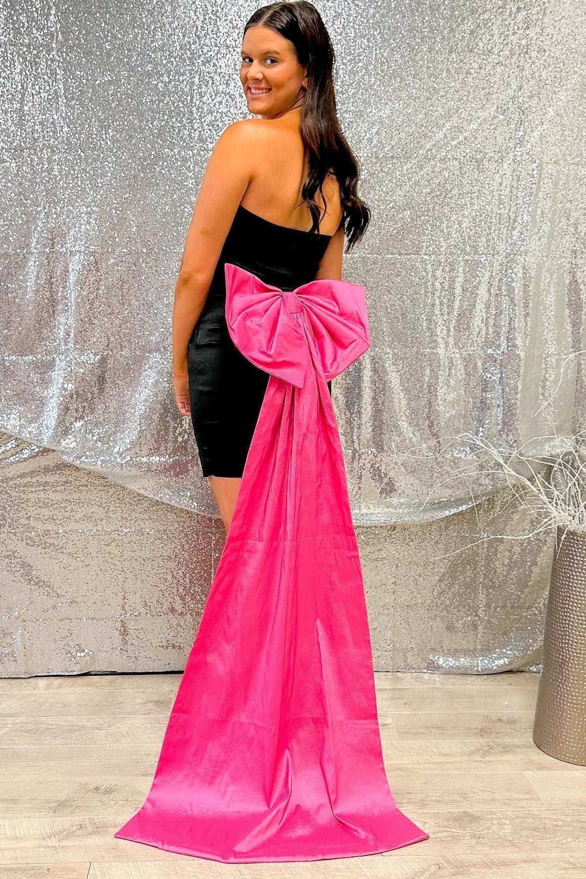 Black Strapless Bodycon Homecoming Dress with Fuchsia Bow