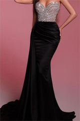 Black Strapless Pleated Mermaid Prom Dress with Beading Embroidery