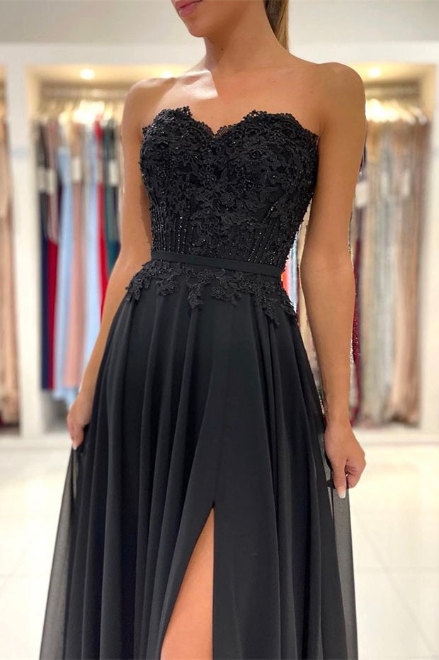 Black Sweetheart Prom Dress Appliques with Split