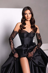 Black Sweetheart Taffeta Slit Prom Dress with Long Lace Gloves