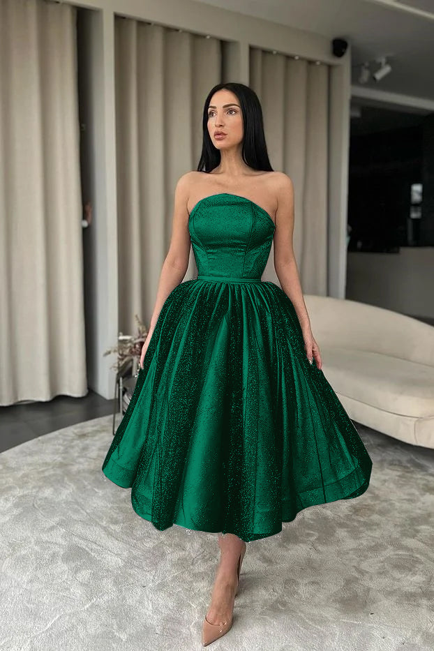 Elegant Strapless Black Tulle Tea Length A-Line Prom Dress