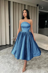 Elegant Strapless Black Tulle Tea Length A-Line Prom Dress