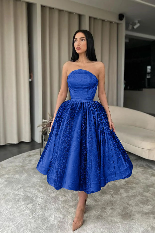 Elegant Strapless Black Tulle Tea Length A-Line Prom Dress