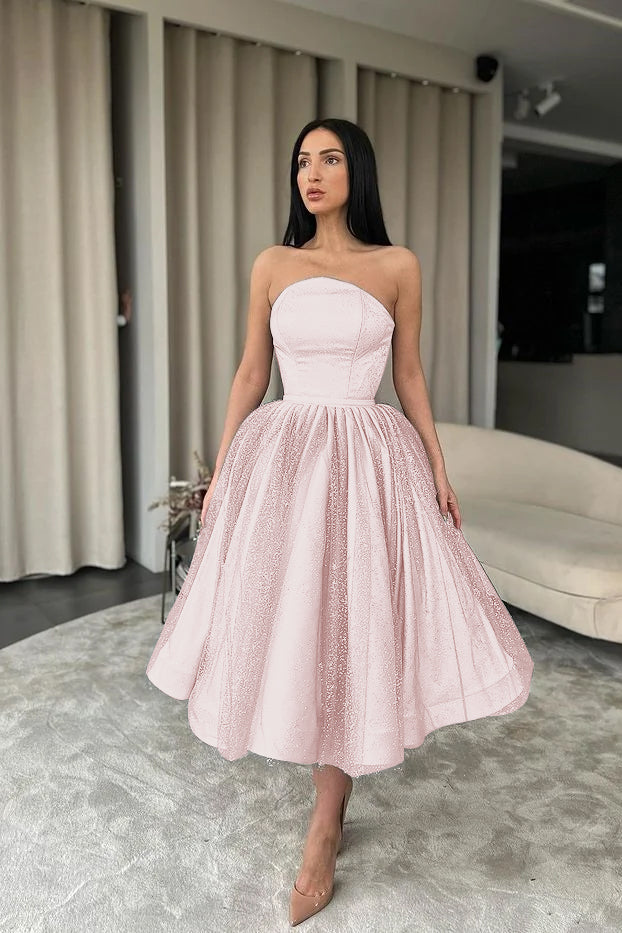 Elegant Strapless Black Tulle Tea Length A-Line Prom Dress