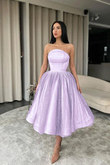 Elegant Strapless Black Tulle Tea Length A-Line Prom Dress
