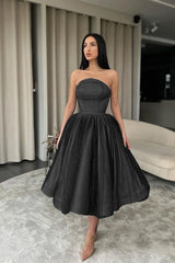 Elegant Strapless Black Tulle Tea Length A-Line Prom Dress