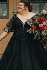 Babyonlines Black V-neck Half Sleeves Plus Size A-line Wedding Dresses