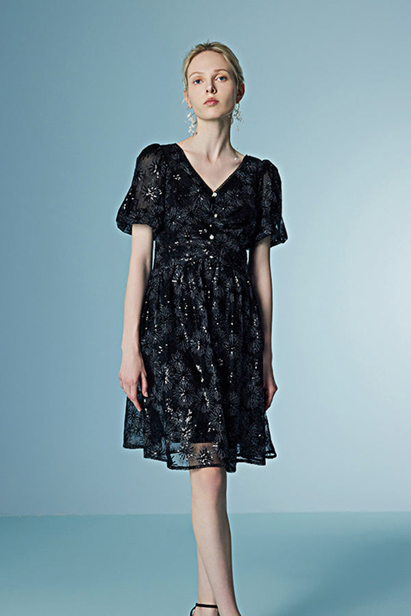 Babyonlines Black V-neck Short Sleeves Short Sequined Dresses