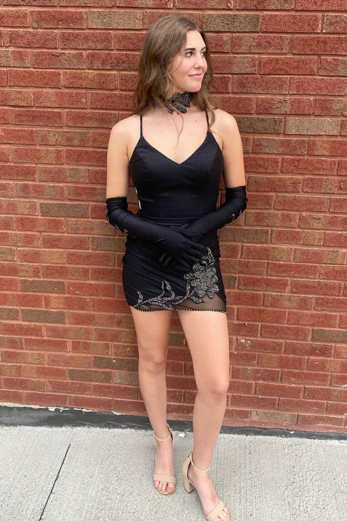 Black V Neck Straps Sheath Beaded Homecoming Dress with Gloves