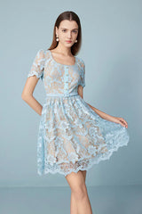 Babyonlines Blue Crew Neck Short Sleeves Lace Dress