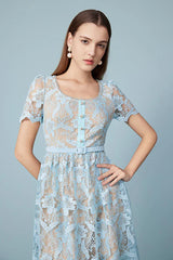 Babyonlines Blue Crew Neck Short Sleeves Lace Dress