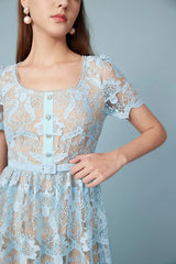 Babyonlines Blue Crew Neck Short Sleeves Lace Dress