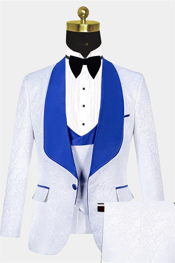 Blue Jacquard Tuxedo Suit with Shawl Lapel - Fashionable for Groom
