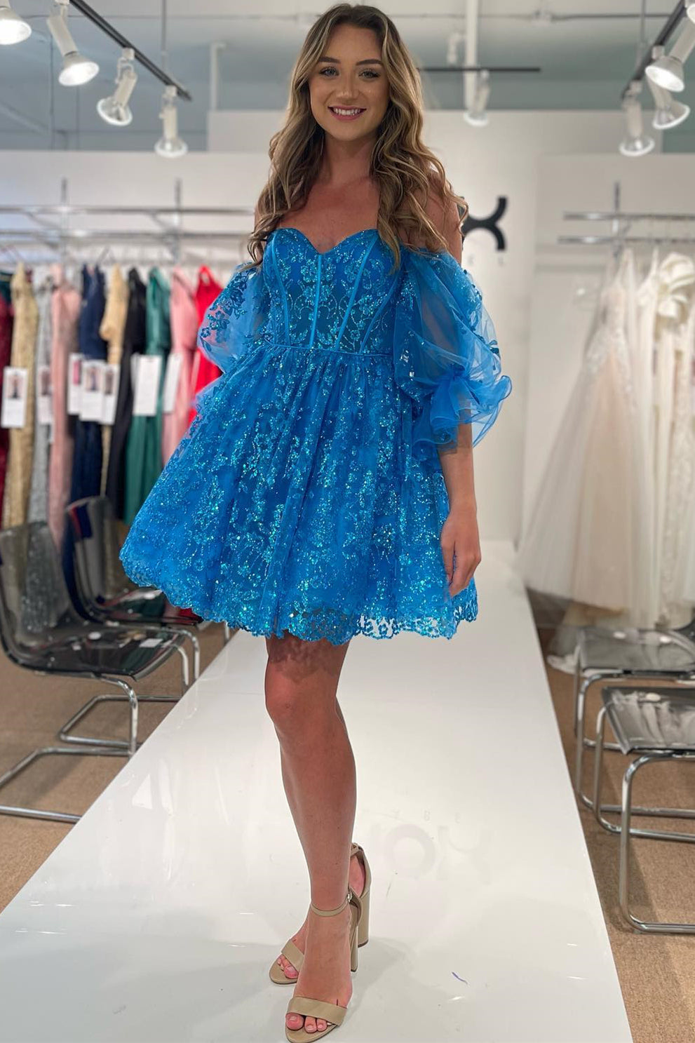 Blue Off-the-Shoulder Puff Sleeves A-line Applique Homecoming Dress