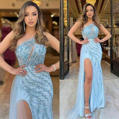 Blue One Shoulder Evening Dress with High Slit and Sequined Detail