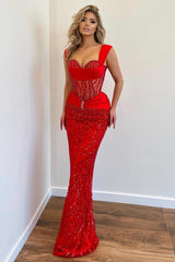 Blue Prom Dress Wide Shoulder Strap with Sequins Sleeveless Long Mermaid