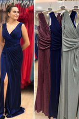 Blue V Neck Mermaid Long Prom Dress with Sequins and Split