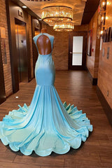 Blue Sleeveless Mermaid Evening Dress with Appliques and Rhinestones
