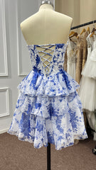 Babyonlines Blue Strapless Corset Short Floral Homecoming Dresses