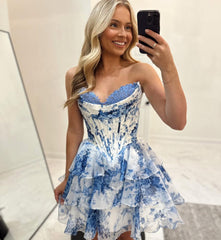 Babyonlines Blue Strapless Corset Short Floral Homecoming Dresses