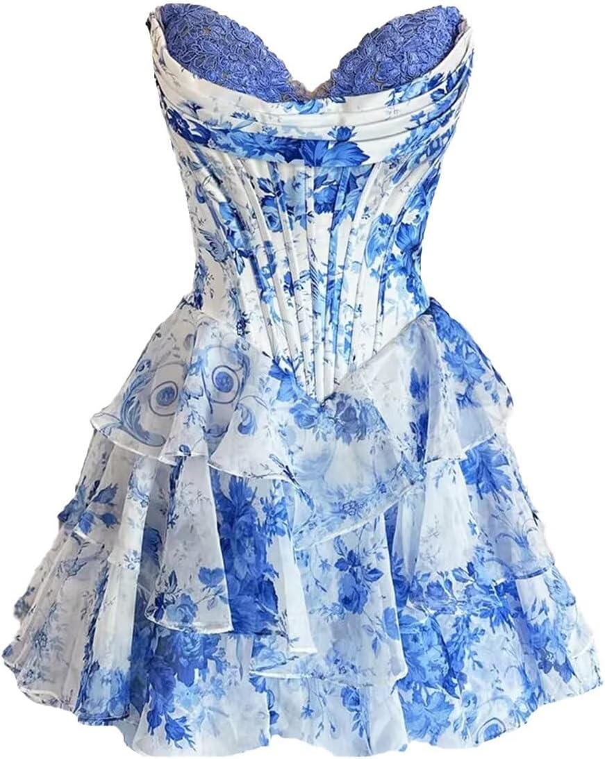 Babyonlines Blue Strapless Corset Short Floral Homecoming Dresses