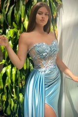 Blue Strapless Sweetheart Mermaid Evening Dress with Appliques, Beads, and Ruffles Slit