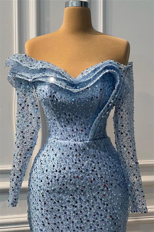 Blue Sweetheart Long Sleeve Mermaid Prom Dress with Beading and Split