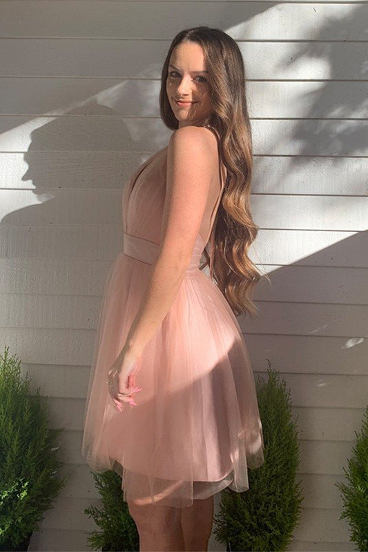 Blush Deep V-Neck Tulle Short Homecoming Dress