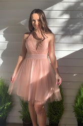 Blush Deep V-Neck Tulle Short Homecoming Dress