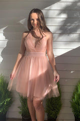 Blush Deep V-Neck Tulle Short Homecoming Dress