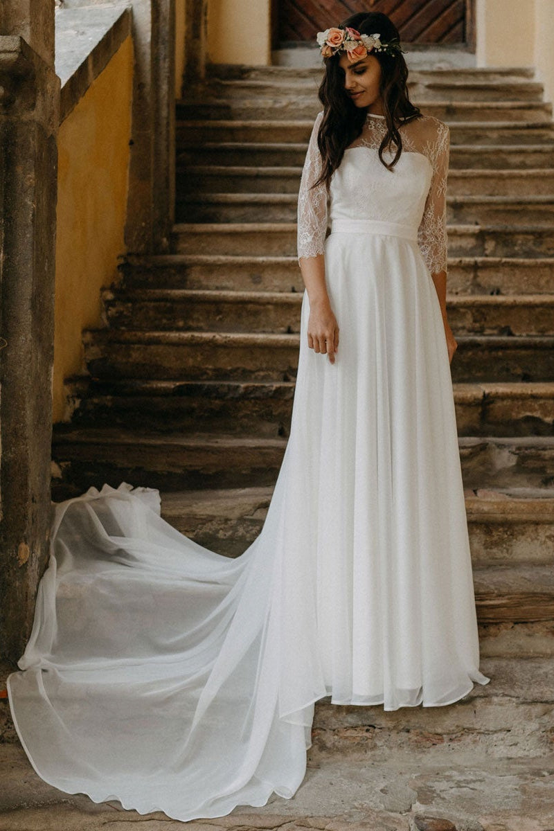 Boho Lace Chiffon Long Wedding Dress