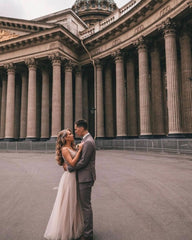 Boho Long A-Line V-Neck Tulle Lace Wedding Dress with Slit and Appliques