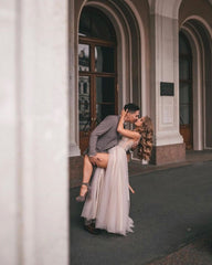 Boho Long A-Line V-Neck Tulle Lace Wedding Dress with Slit and Appliques