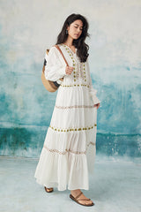 Babyonlines Boho White Long Sleeves A-line Long Dress