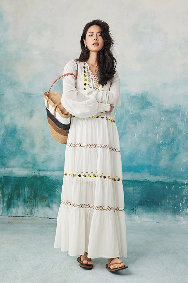 Babyonlines Boho White Long Sleeves A-line Long Dress