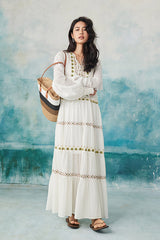 Babyonlines Boho White Long Sleeves A-line Long Dress